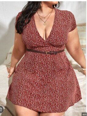 Plus Size Boho Allover Plants Print Dress Without Belt,Beach Dress Sundress,Holi